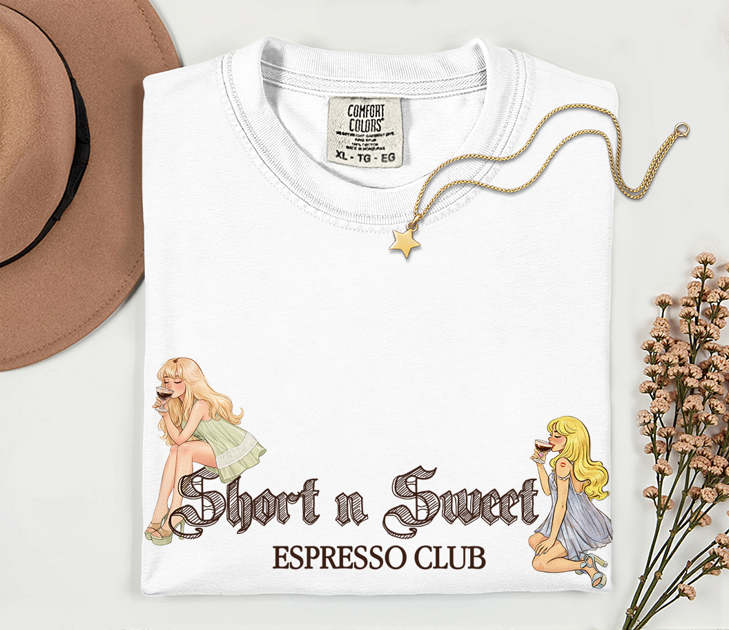 Short n Sweet Espresso Club Tee – Vintage Feminine Sabrina Coffee Shirt | Cute Coffee Lover Graphic Tee Printify