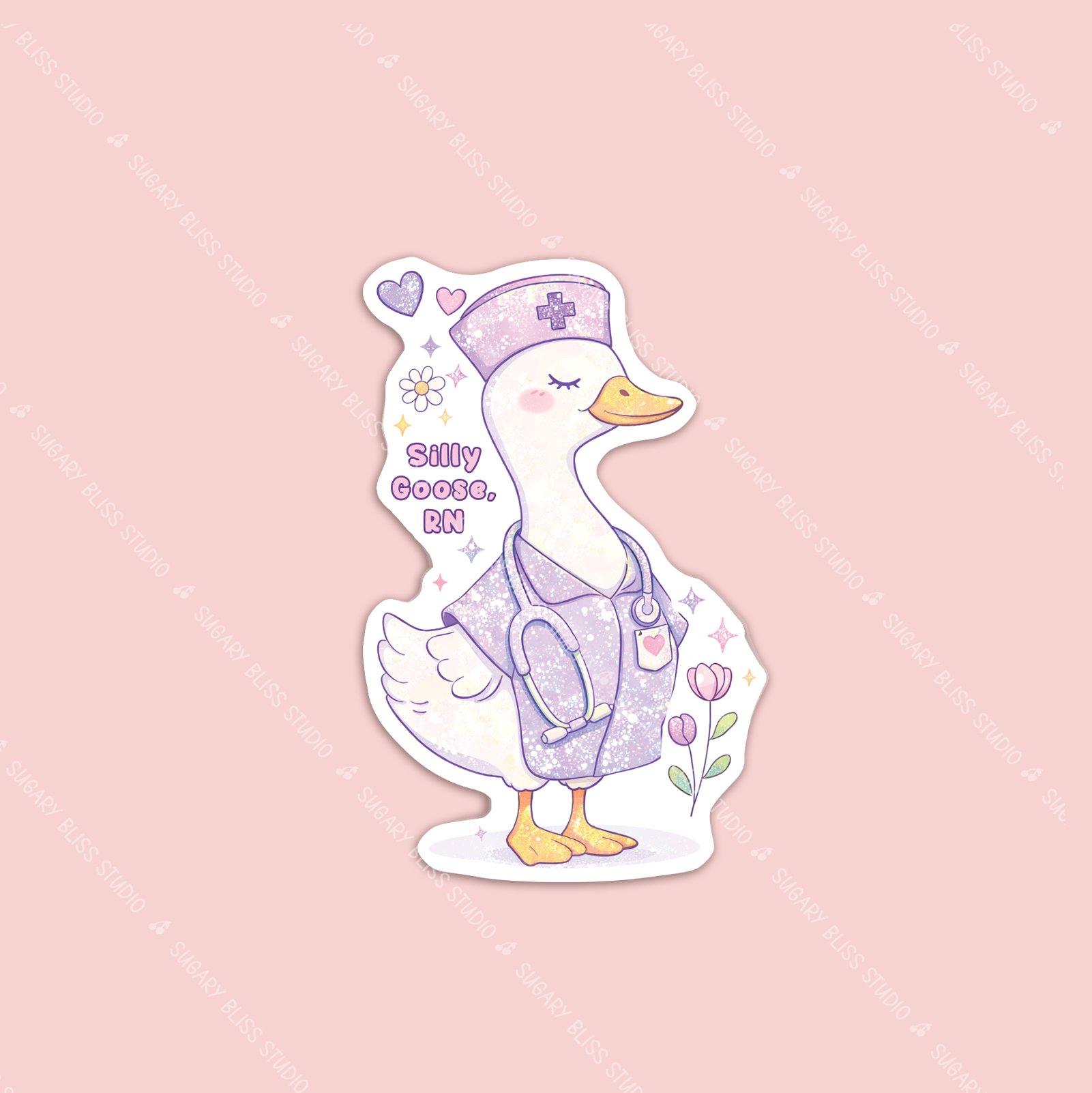 Sticker of a duck in a nurse outfit on a pink background