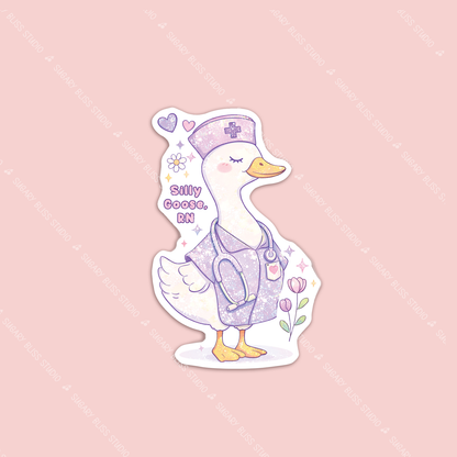 Sticker of a duck in a nurse outfit on a pink background