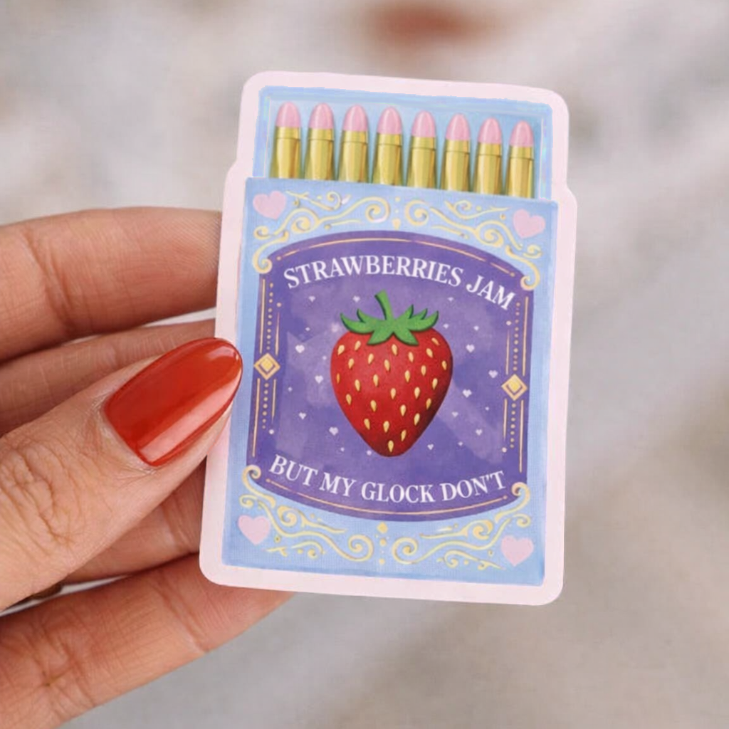 Hand holding a small card with 'Strawberries & Jam' design and text.