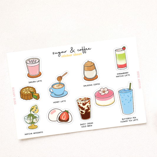 Sheet of stickers featuring illustrations of various drinks and desserts with text labels on a white background.