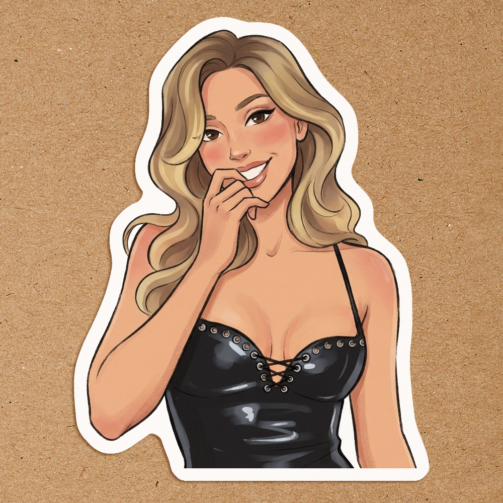 Glam McRae sticker in black leather dress flirty expression girly pop aesthetic
