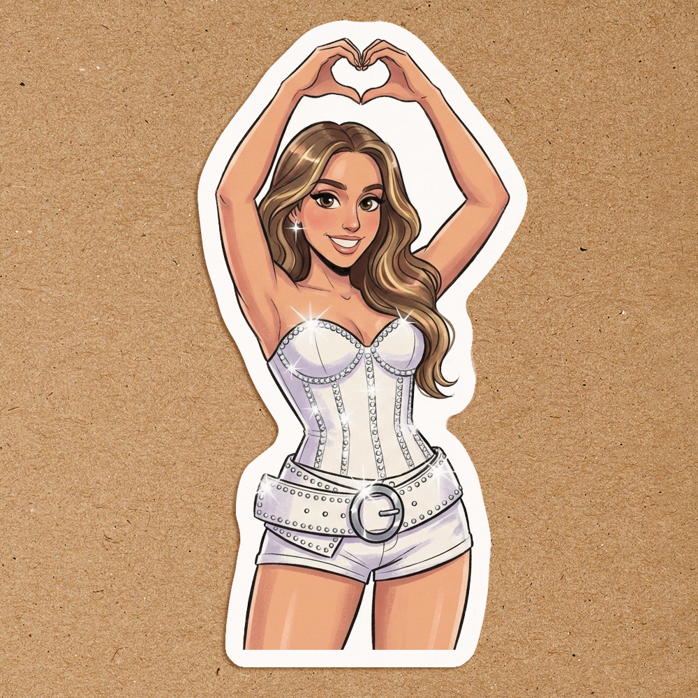 brunette performer tate mcrae sticker forming heart pose white outfit Y2K aesthetic waterproof sticker