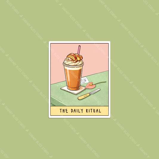 Illustration of a coffee drink with a croissant on a pink background, labeled 'The Daily Ritual' on a green border.
