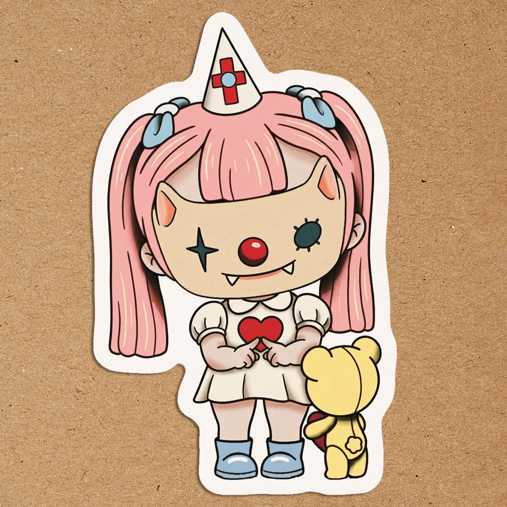 pink nurse creepy doll sticker with teddy bear kawaii horror aesthetic tiny tiny prologue chess game