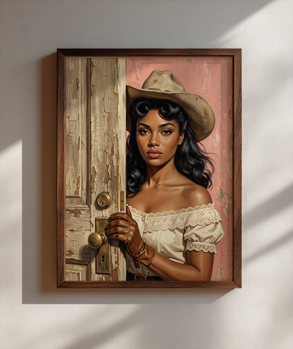 Vintage cowgirl portrait art print in wooden frame styled on neutral wall