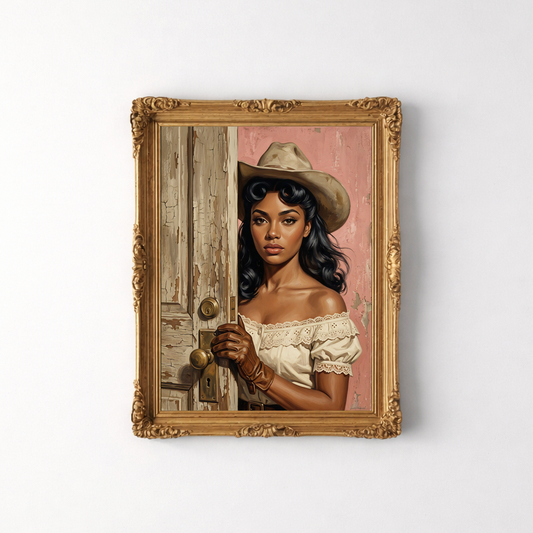 Vintage cowgirl portrait art print in ornate gold frame, western woman wall decor with moody green interior