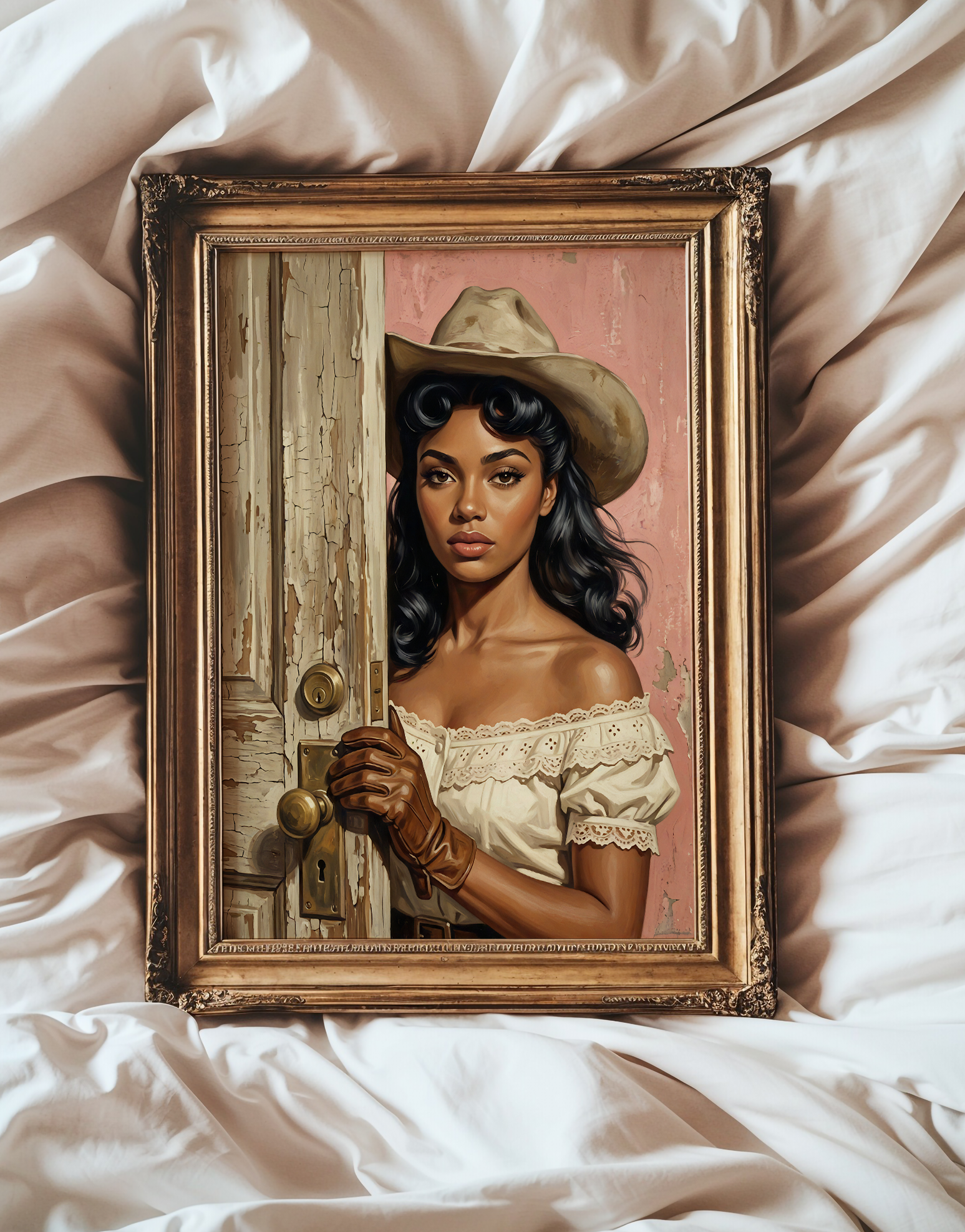 Vintage western cowgirl portrait in ornate gold frame styled on soft fabric backdrop