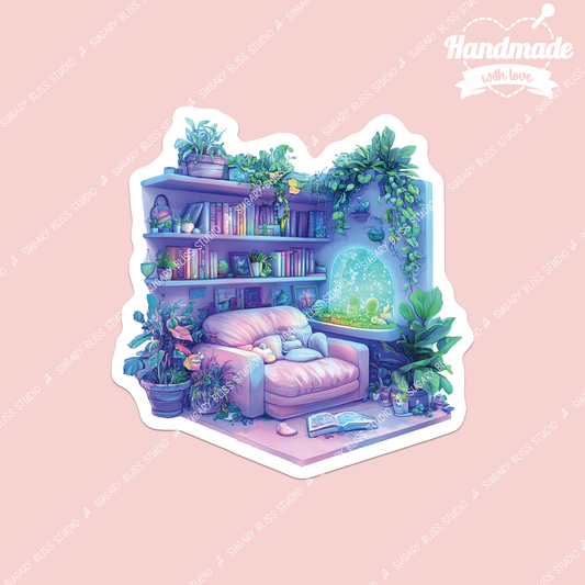 Cozy Reading Nook Bookshelf Sticker, Gift for Bookworm Sugary Bliss